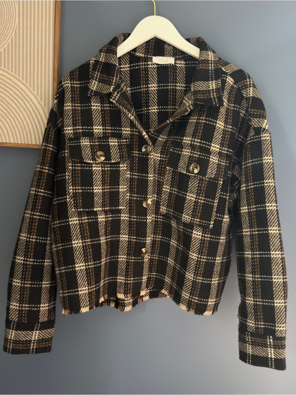 Sage The Label Plaid Cropped Shacket Jacket Black Brown Size Medium